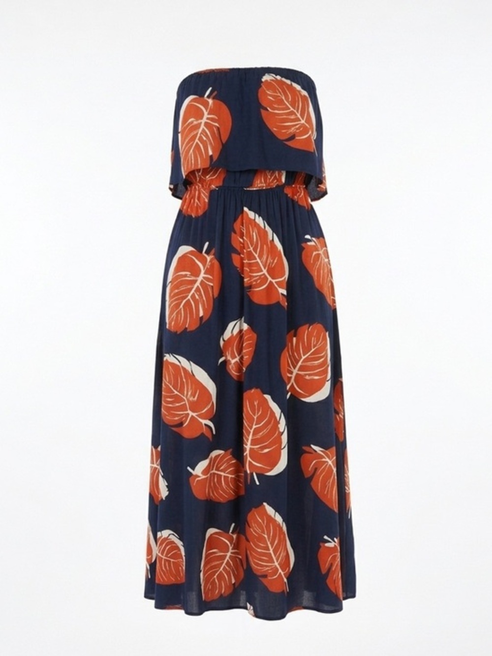Lucky Brand Tossed Leaf Strapless Flounce Maxi Dress Navy Blue Orange Boho Small